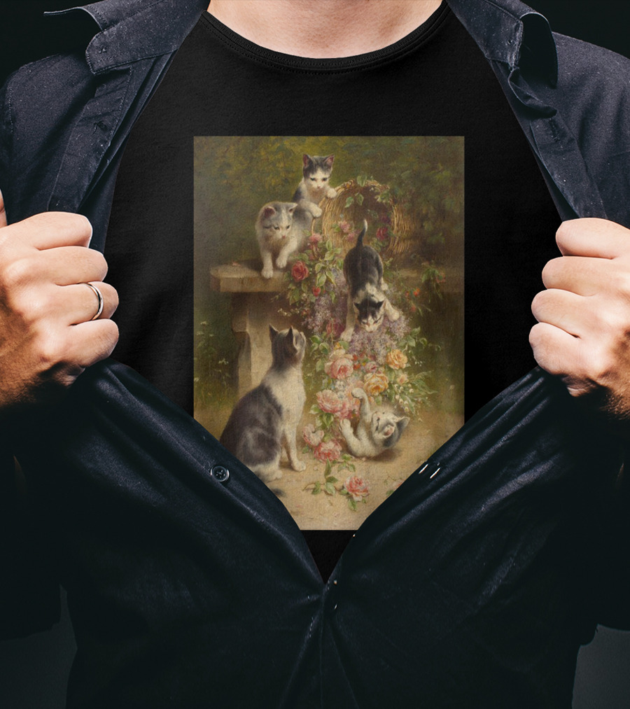 Cats And Flowers Playing On A Bench By Carl Reichert T-Shirt