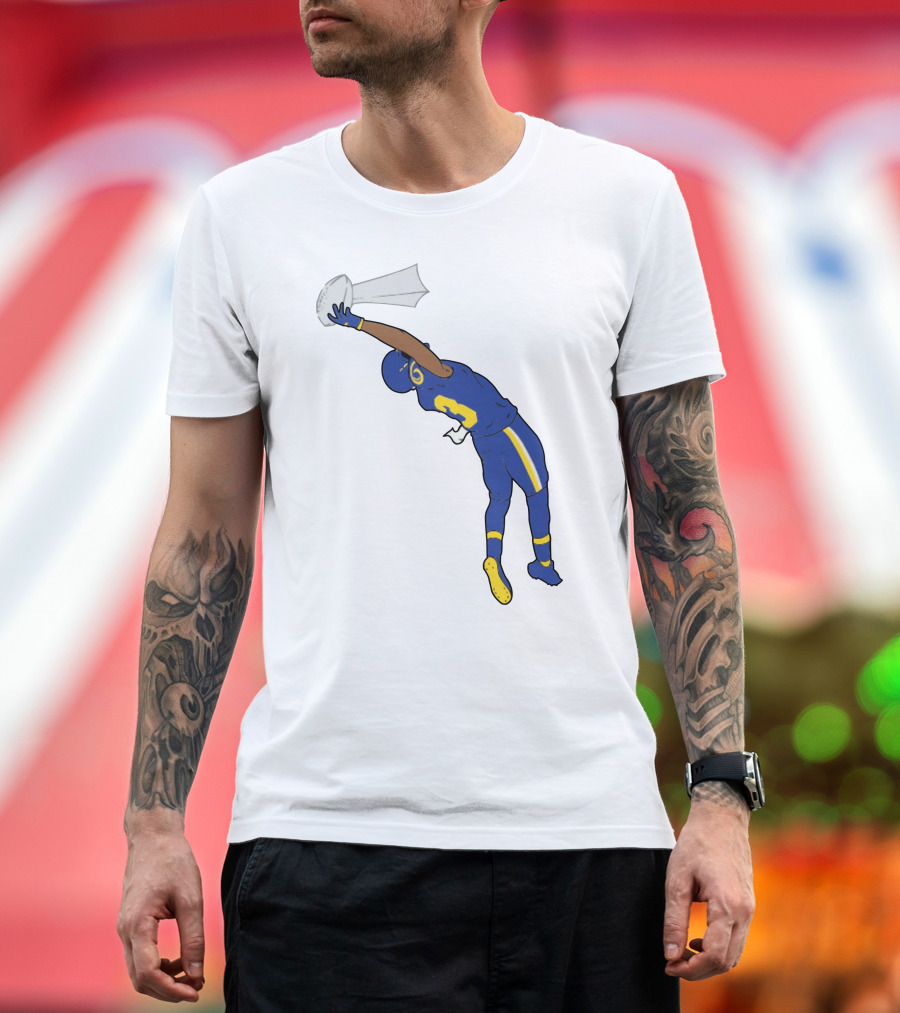 Trophy Catch Obj One-Handed Football Player Blue and Yellow Uniform T-Shirt