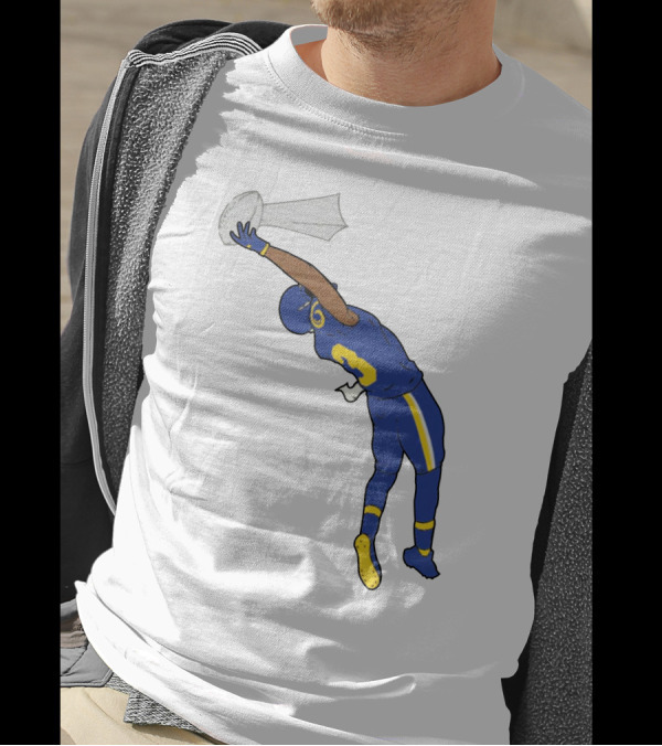 Trophy Catch Obj One-Handed Football Player Blue And Yellow Uniform T-Shirt