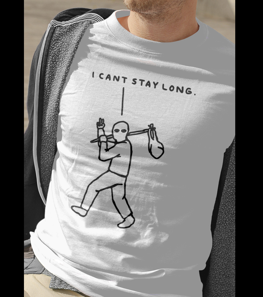 I Cant Stay Long Stick Figure With Bag Mask And Peace Sign T-Shirt