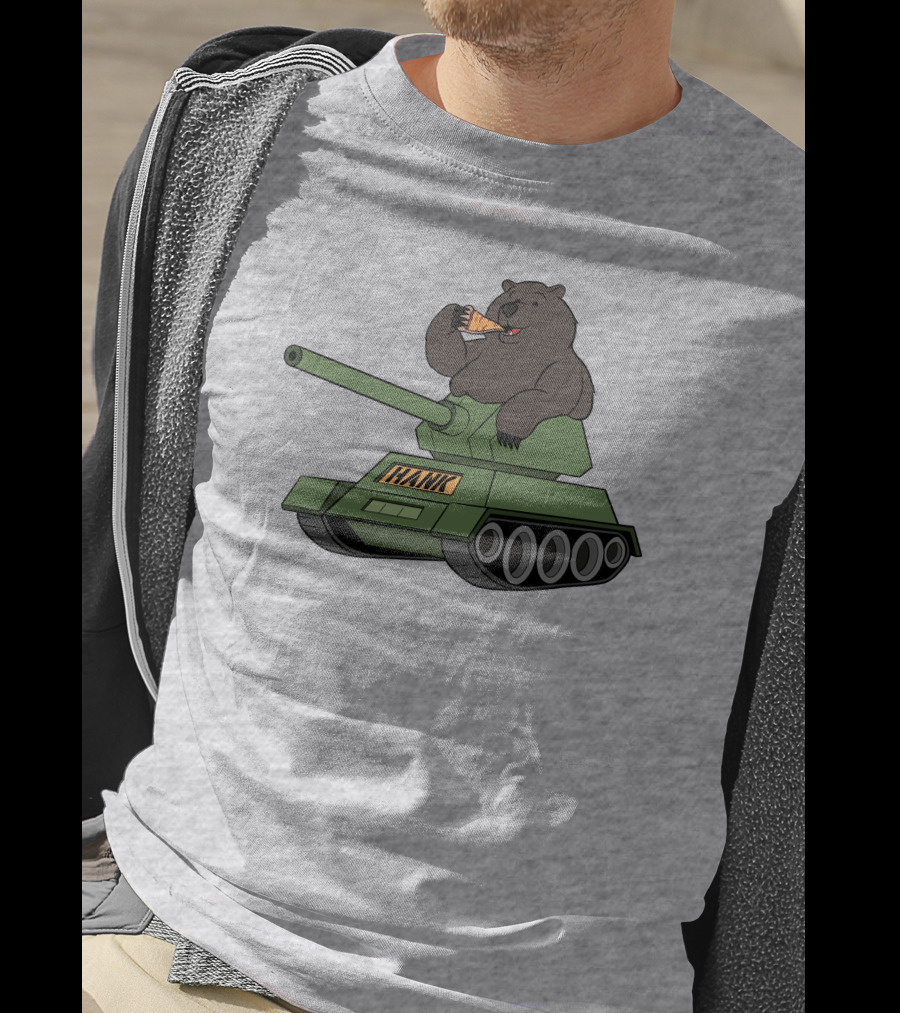 Bear Eating Pizza On A Tank With Hank Text T-Shirt