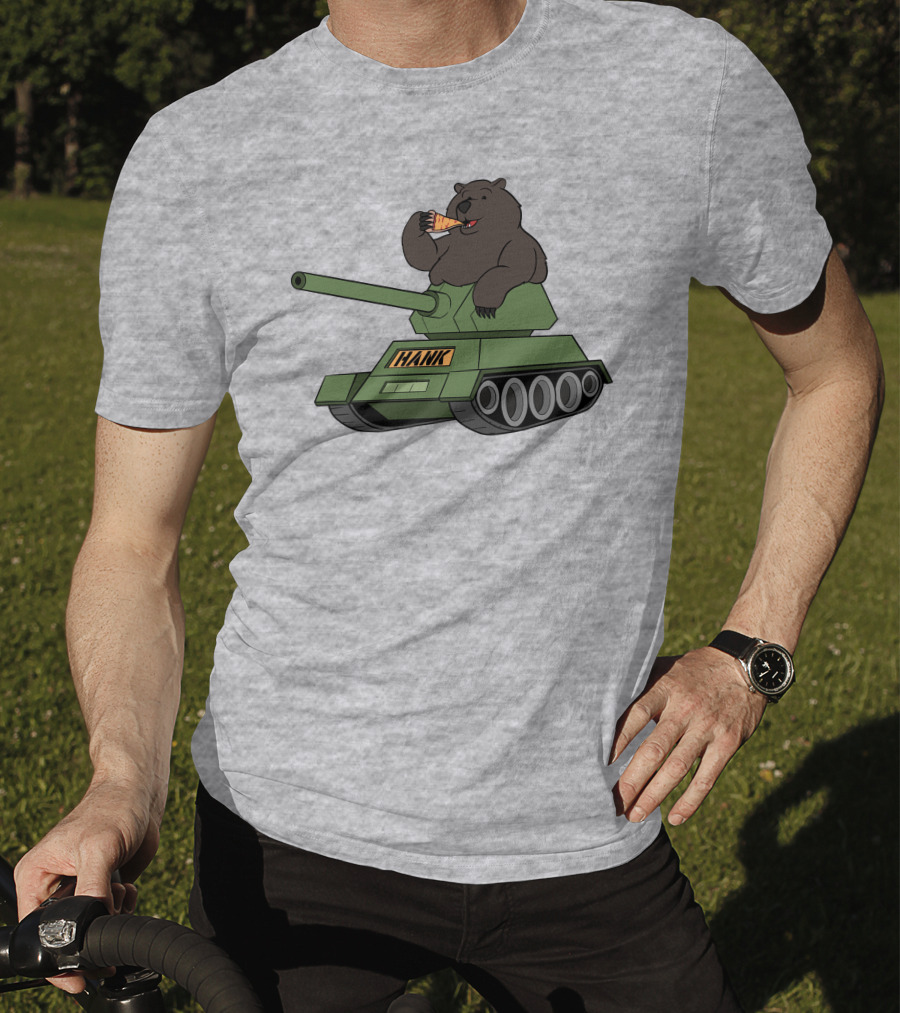 Bear Eating Pizza On A Tank With Hank Text T-Shirt