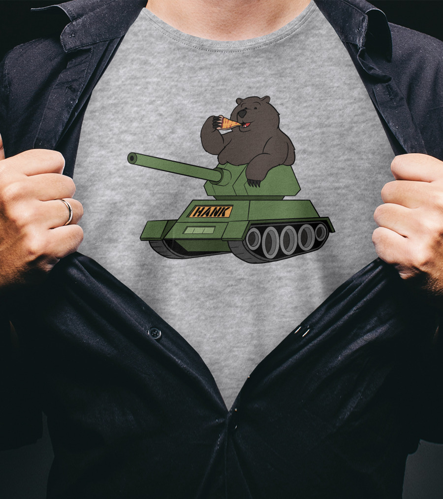 Bear Eating Pizza On A Tank With Hank Text T-Shirt