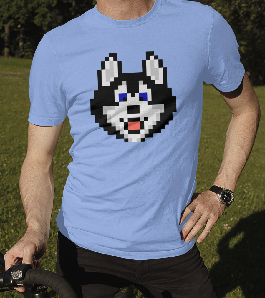 Huskytoken Cat Pixelated Husky Face On Light Blue T-Shirt