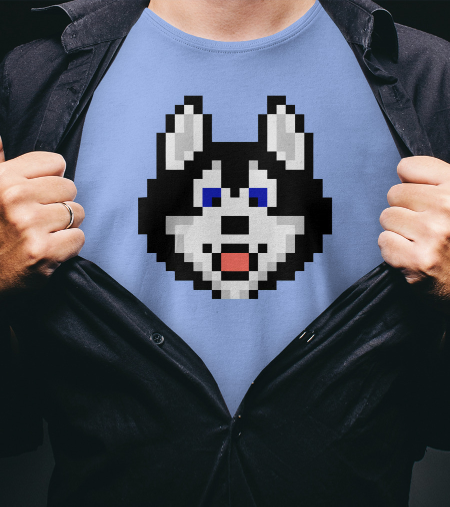 Huskytoken Cat Pixelated Husky Face On Light Blue T-Shirt