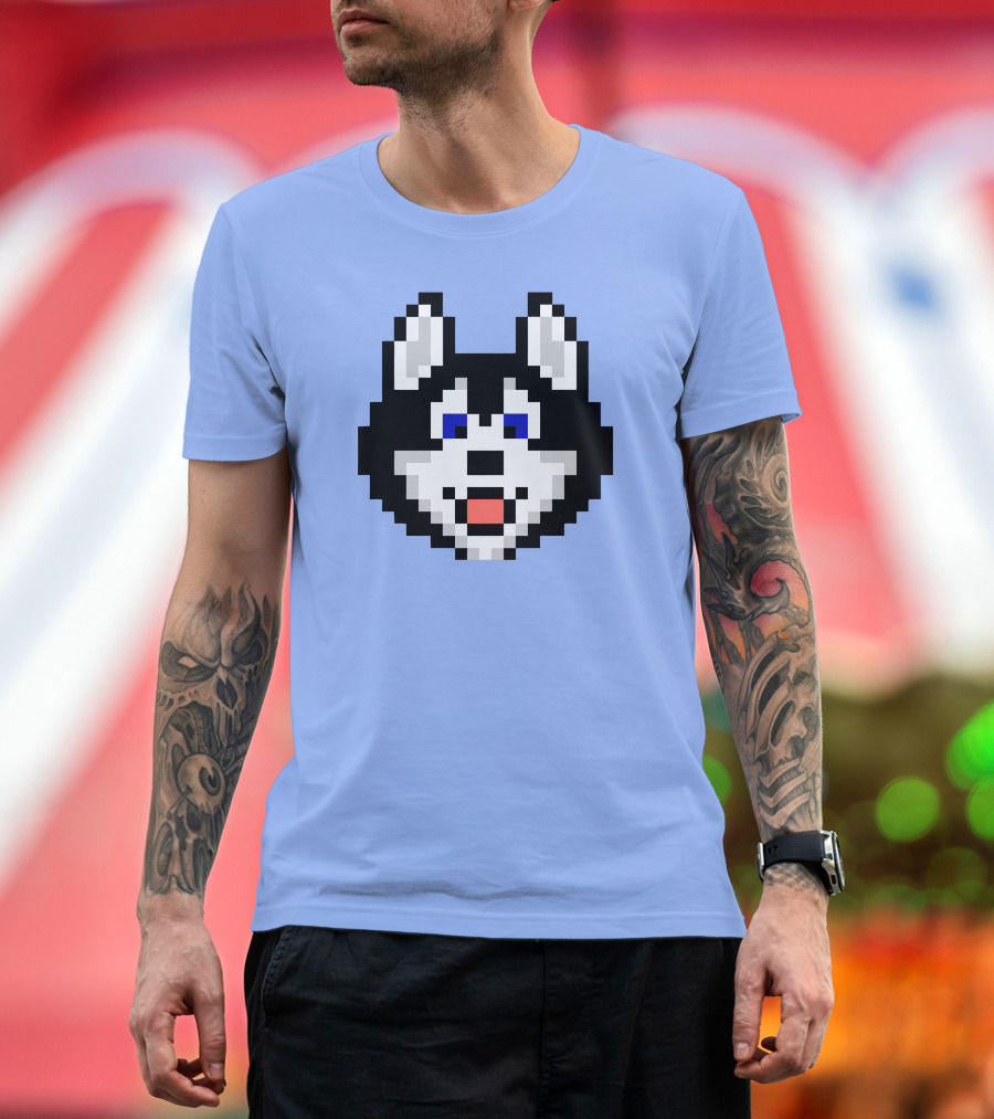 Funny Pixelated Huskytoken Cat Face on Light Blue Background T-Shirt