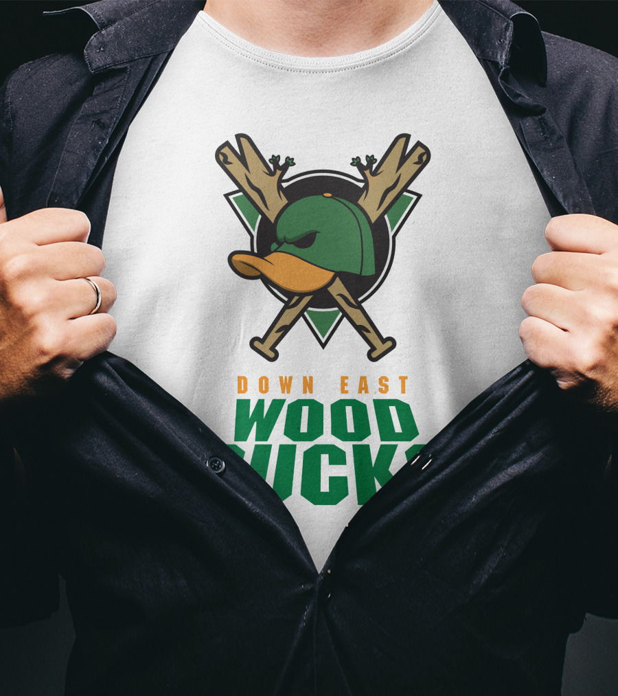 Down East Wood Ducks Baseball Logo With Crossed Bats And Duck Cap T-Shirt