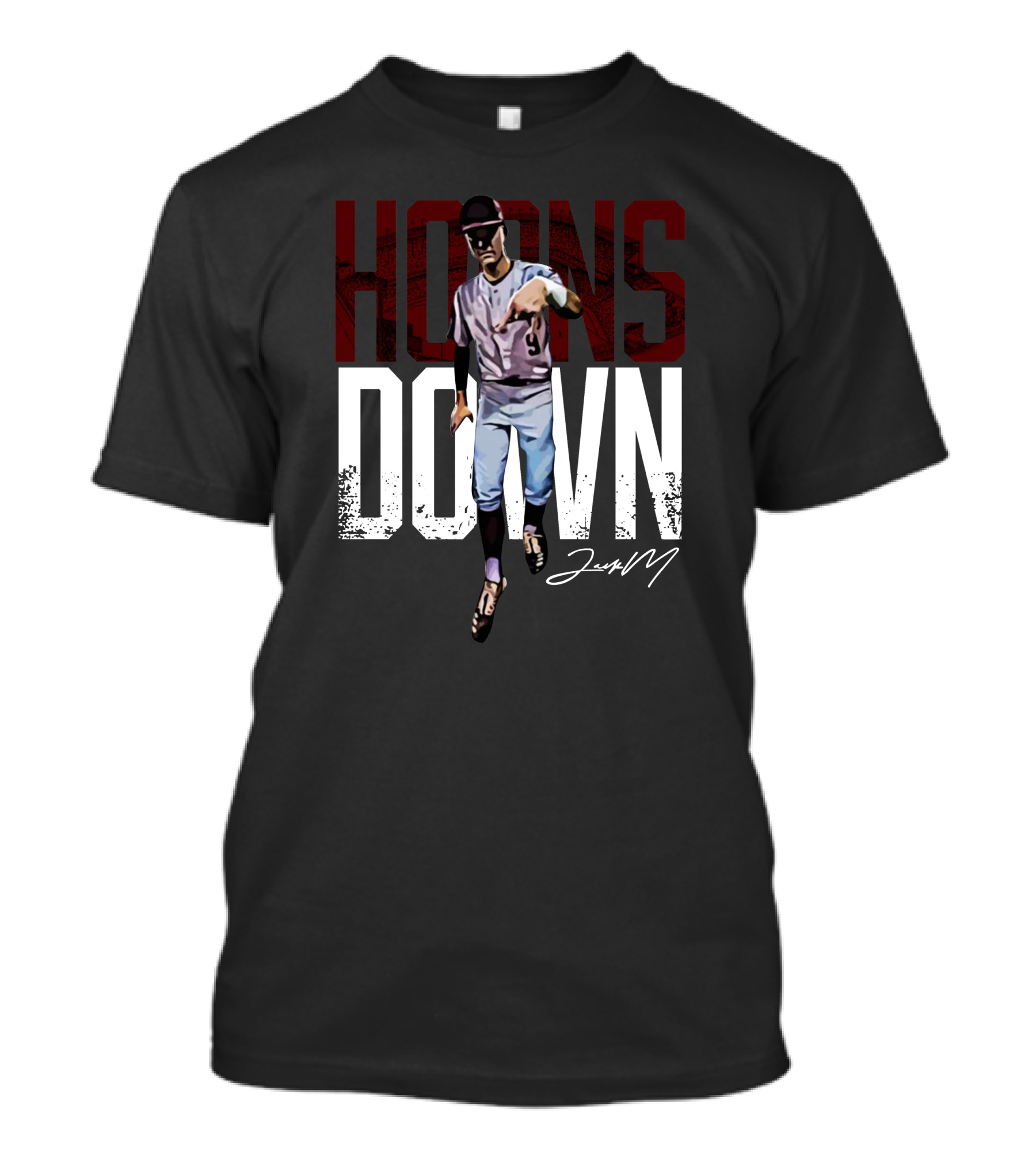 Fanarch Store Horns Down Jack Moss Signature Baseball Pose T-Shirt