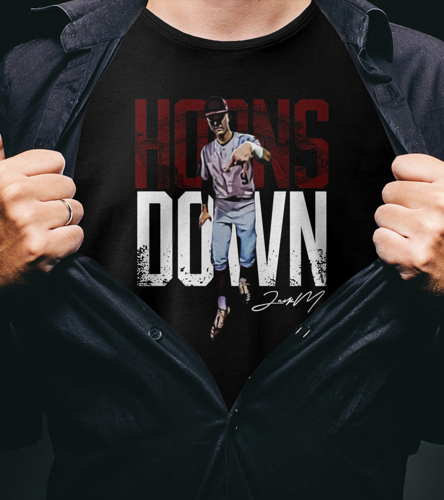 Fanarch Store Horns Down Jack Moss Signature Baseball Pose T-Shirt