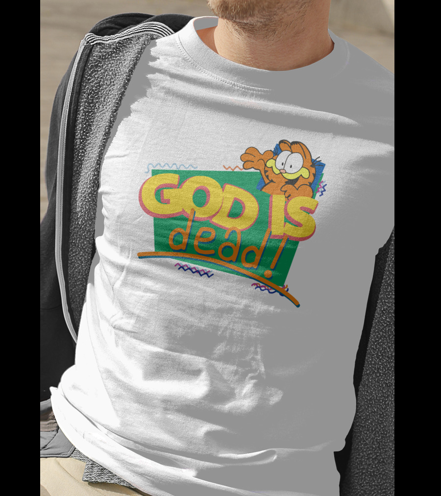Garfield God Is Dead Comic Style Text With Playful Cartoon Character T-Shirt