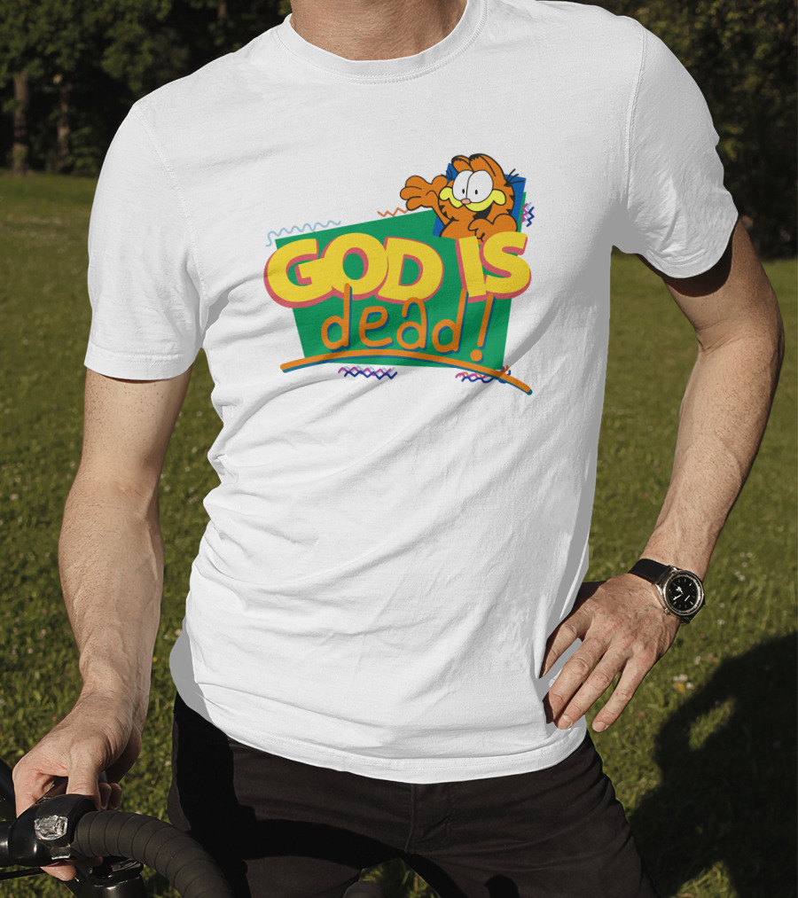 Garfield God Is Dead Comic Style Text With Playful Cartoon Character T-Shirt