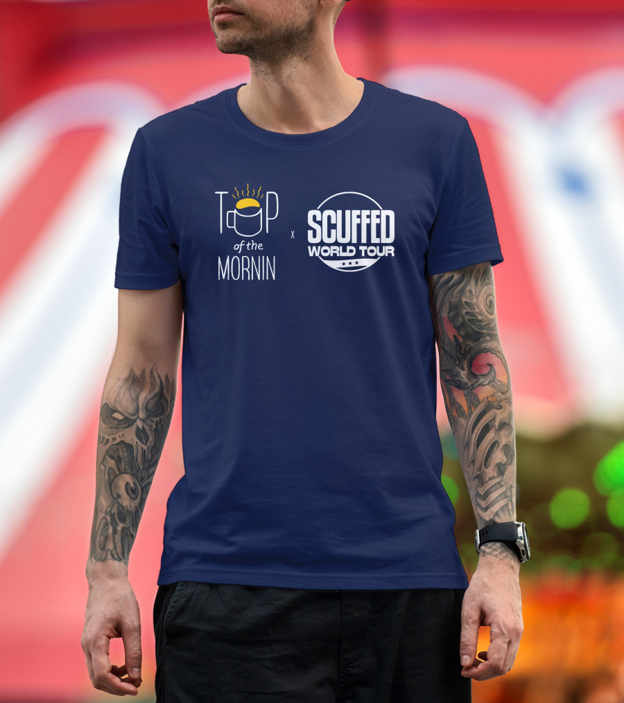 Top Of The Mornin X Scuffed World Tour Collaboration Logo Mug and Stars Iconography T-Shirt