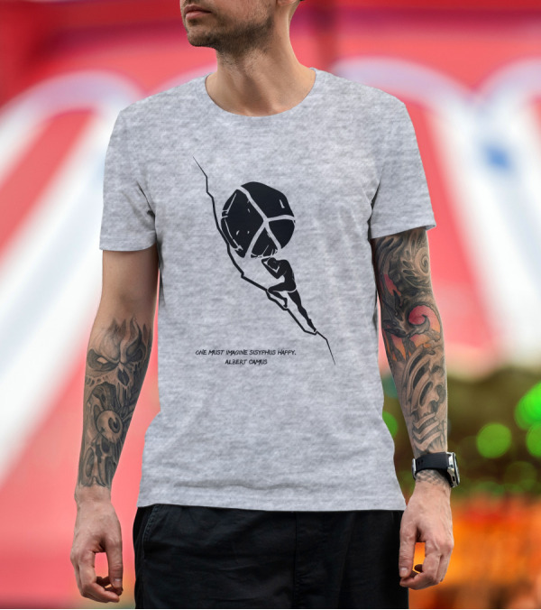 Premium T-Shirt: One Must Imagine Sisyphus Happy Albert Camus Illustration with Figure Pushing Boulder T-Shirt One Must Imagine Sisyphus Happy Albert Camus Illustration with Figure Pushing Boulder T-Shirt