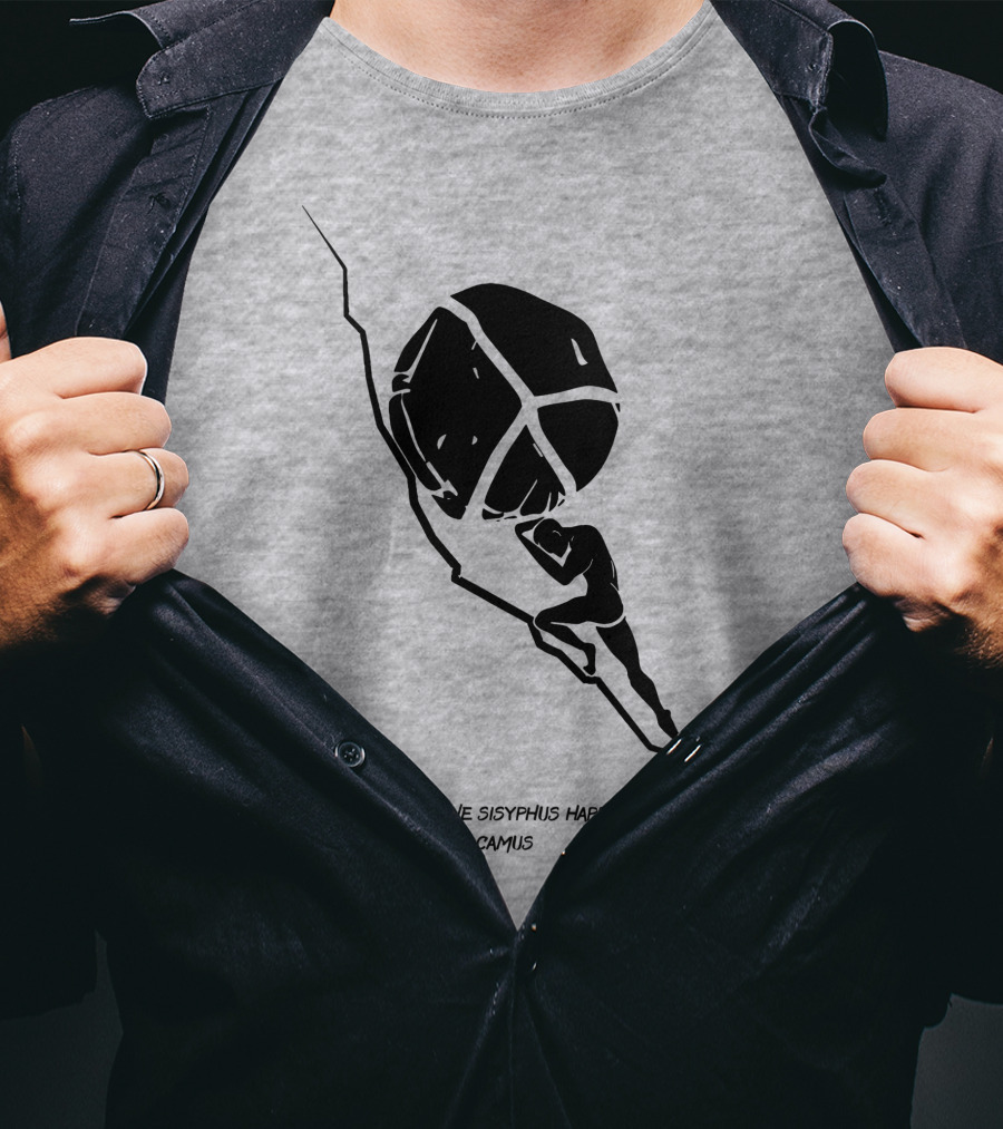 One Must Imagine Sisyphus Happy Albert Camus Illustration With Figure Pushing Boulder T-Shirt