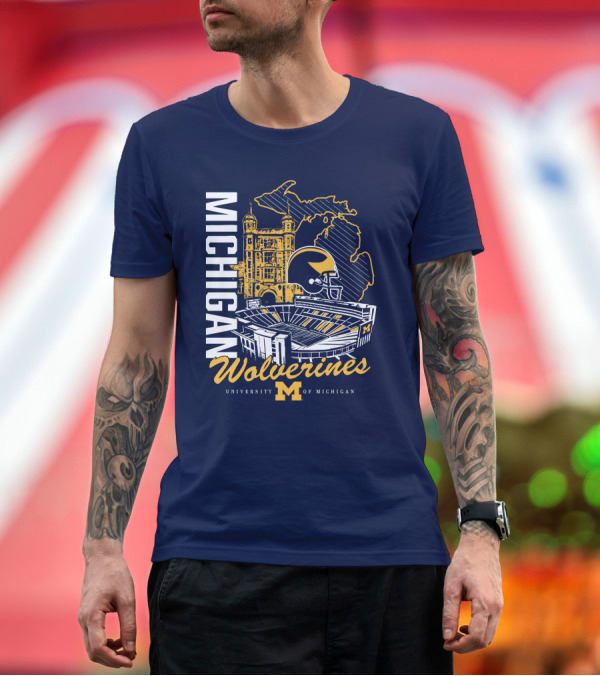 Premium T-Shirt: Michigan Wolverines University of Michigan Stadium Map Helmet T-Shirt Michigan Wolverines University of Michigan Stadium Map Helmet T-Shirt