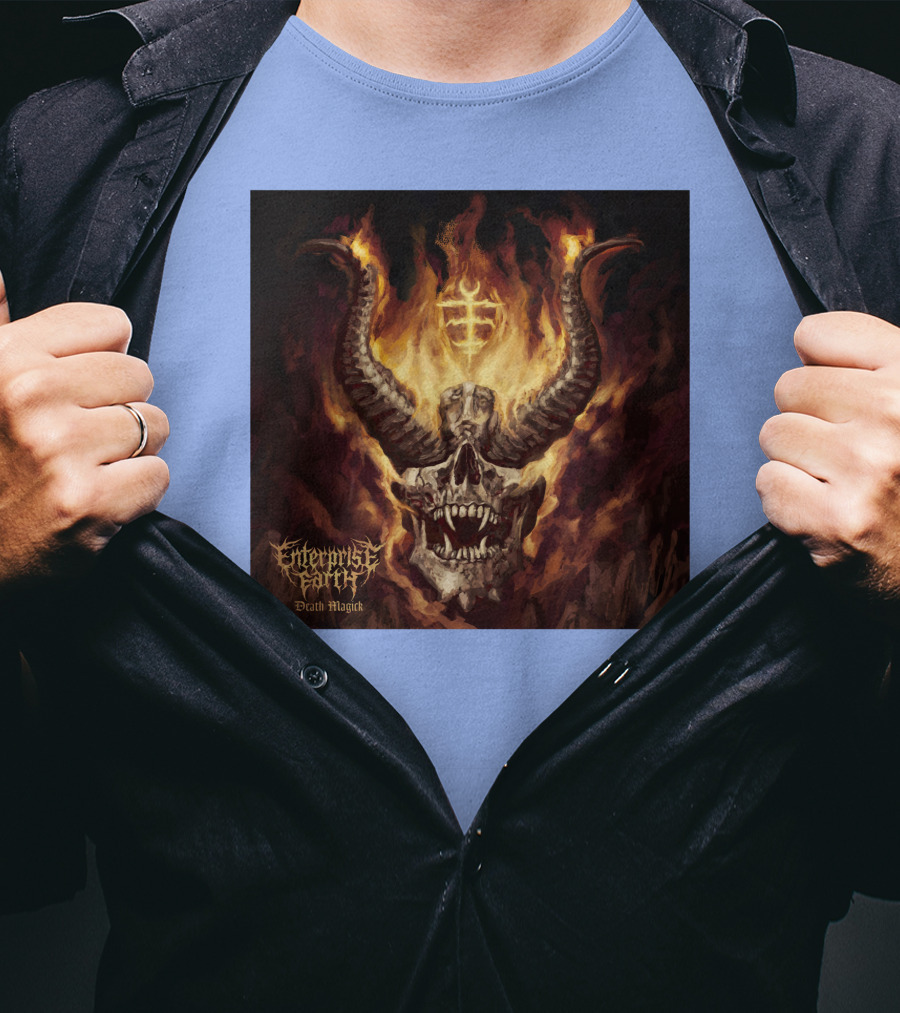 Enterprise Earth Death Magick Fiery Horned Skull T-Shirt