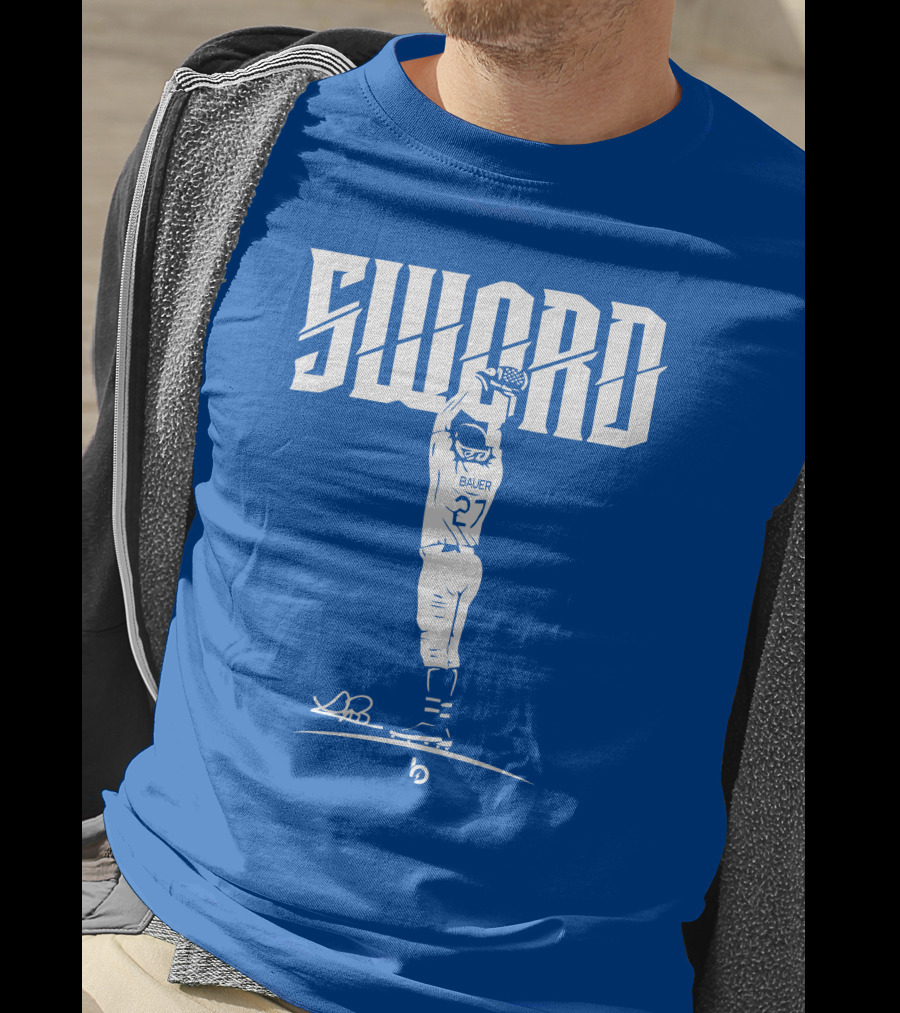 SWORD Trevor Bauer 27 Baseball Blue Merchandise T-Shirt
