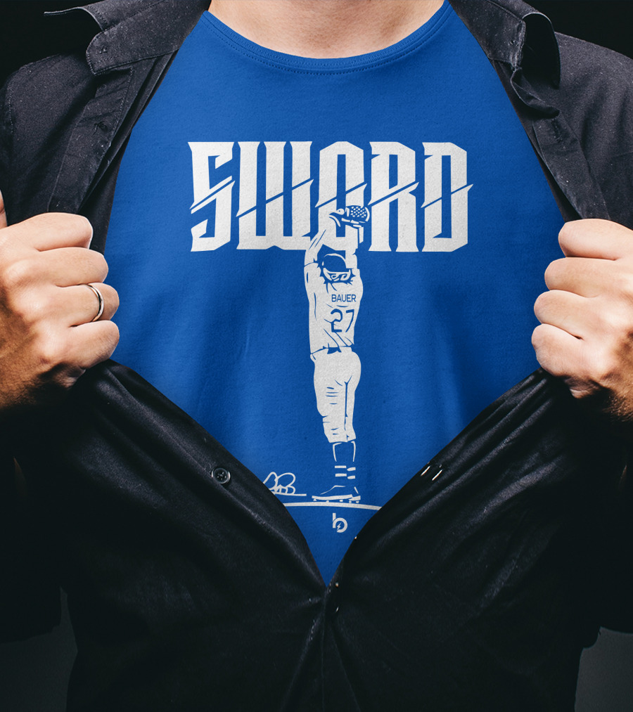 SWORD Trevor Bauer 27 Baseball Blue Merchandise T-Shirt