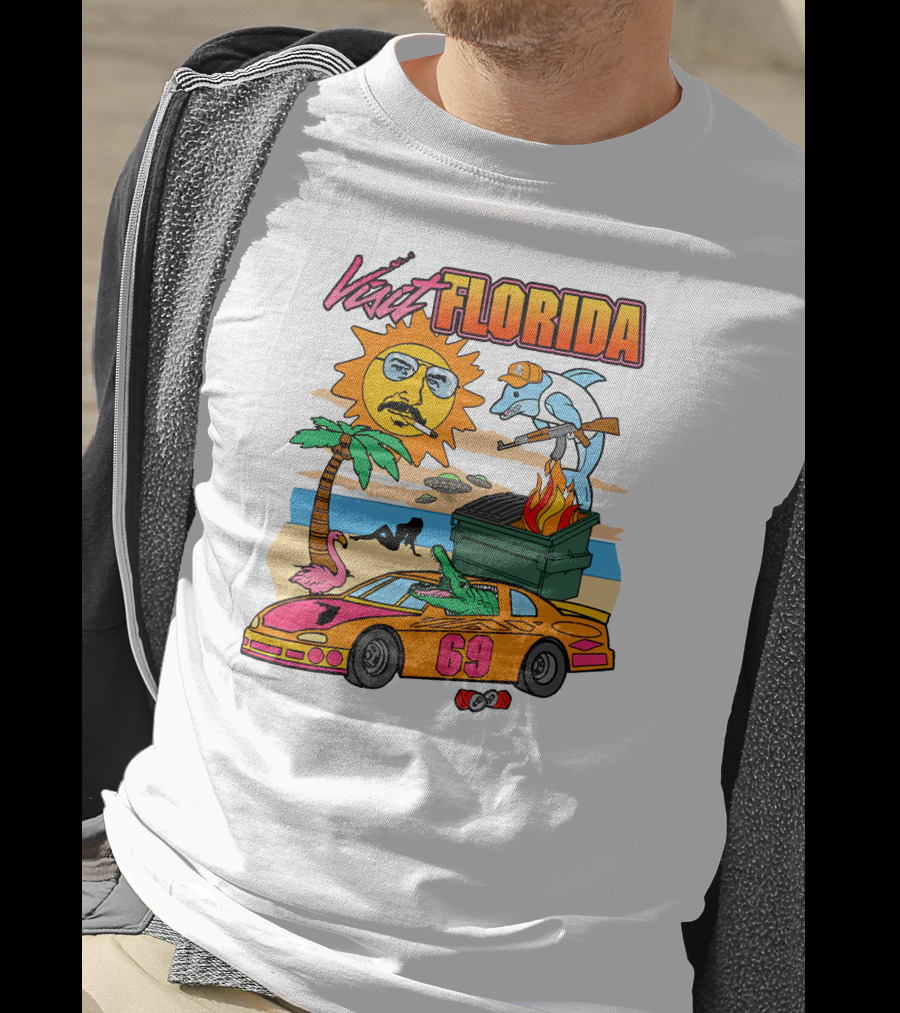 Shithead Steve Merch Visit Florida Flaming Dumpster Racing Car 69 Armed Dolphin Palm Tree Sun Face T-Shirt
