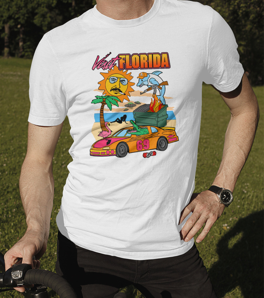 Shithead Steve Merch Visit Florida Flaming Dumpster Racing Car 69 Armed Dolphin Palm Tree Sun Face T-Shirt