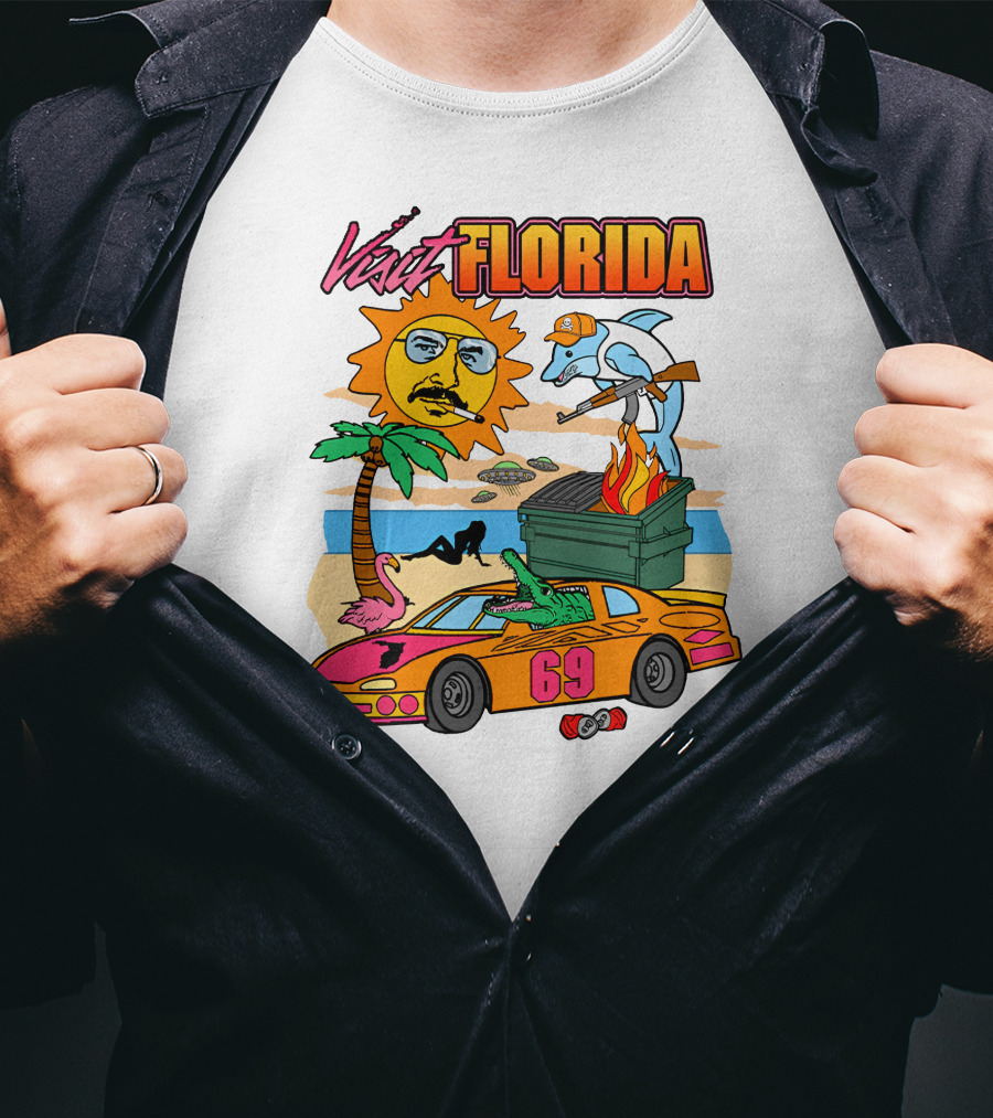 Shithead Steve Merch Visit Florida Flaming Dumpster Racing Car 69 Armed Dolphin Palm Tree Sun Face T-Shirt
