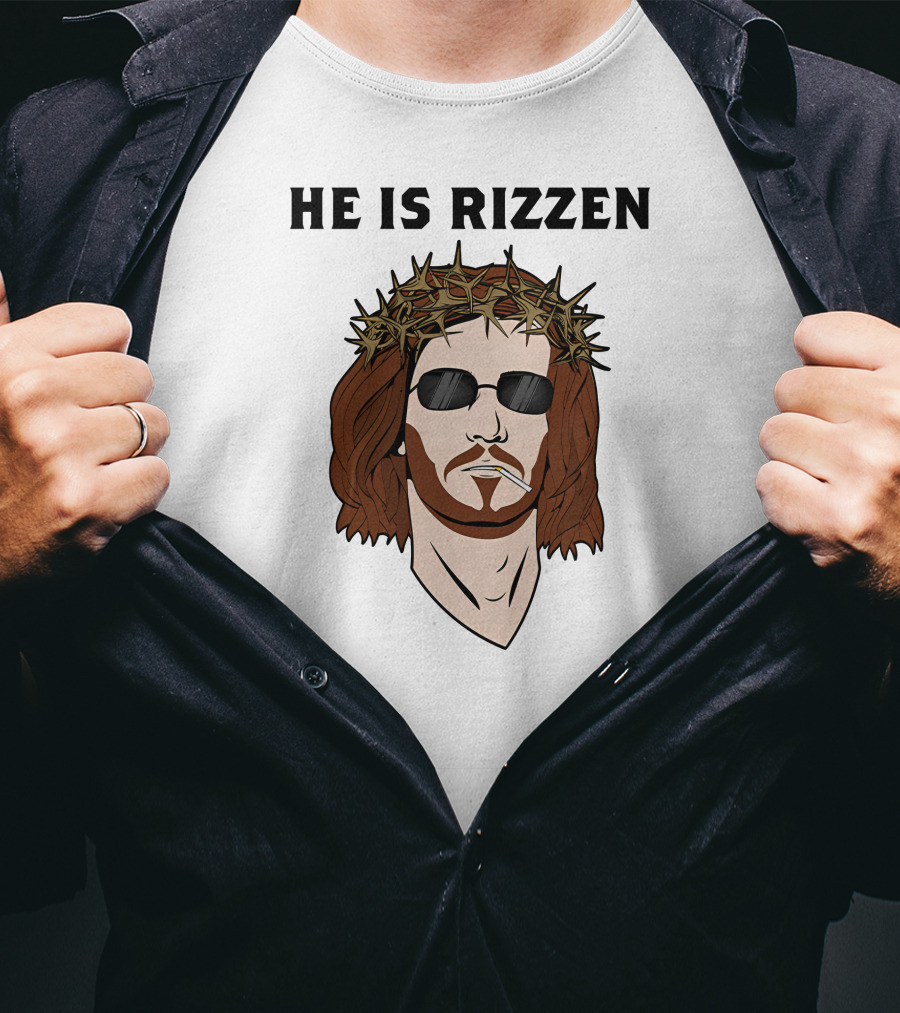 Shithead Steve Merch He Is Rizzen Jesus Crown Of Thorns Sunglasses Smoking T-Shirt