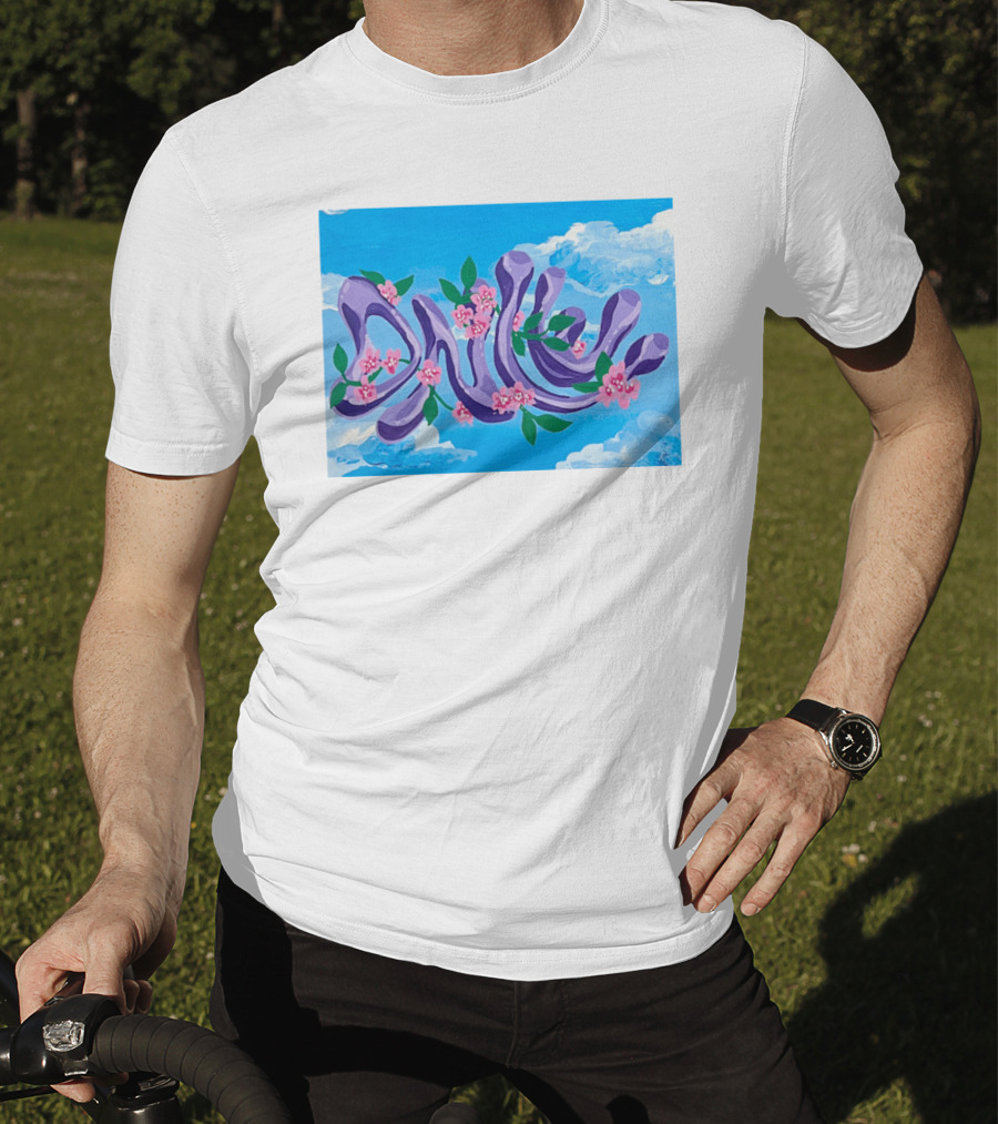 Jolene Dance Purple Script With Pink Flowers On Blue Sky Background T-Shirt