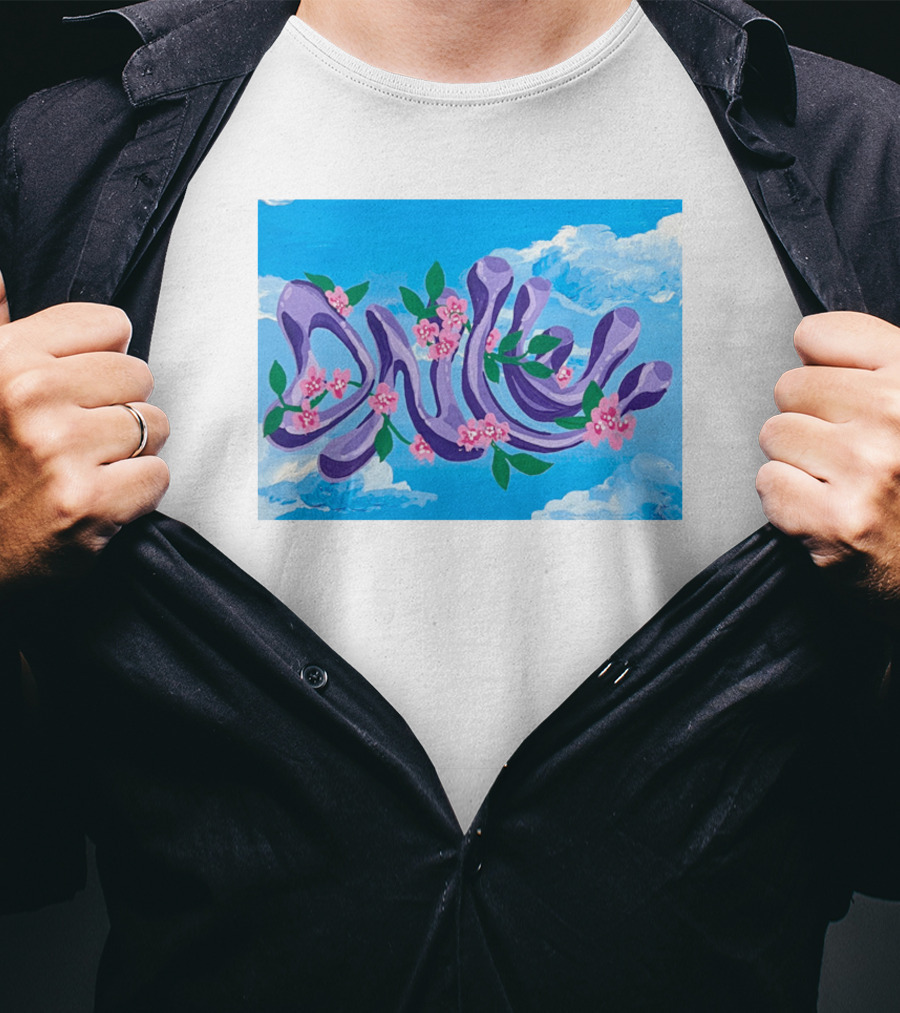 Jolene Dance Purple Script With Pink Flowers On Blue Sky Background T-Shirt