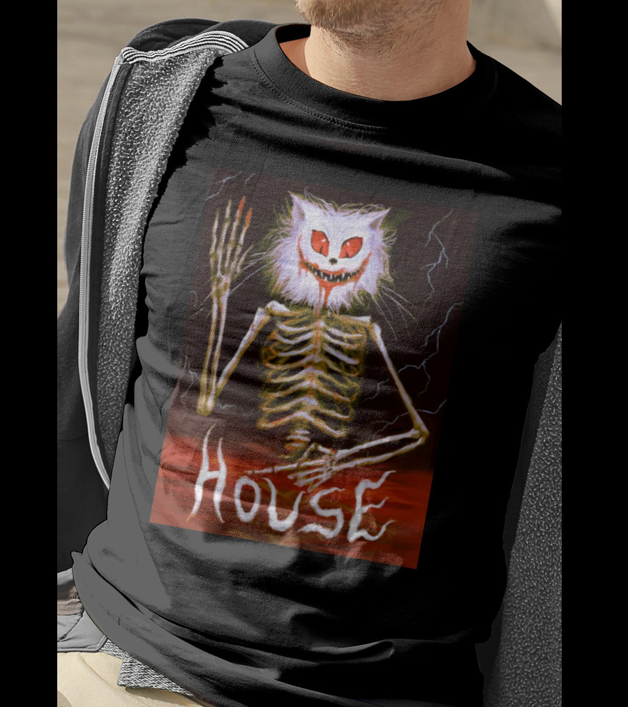 House Skeleton Cat Spirit With Lightning T-Shirt