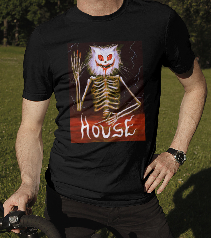 House Skeleton Cat Spirit With Lightning T-Shirt
