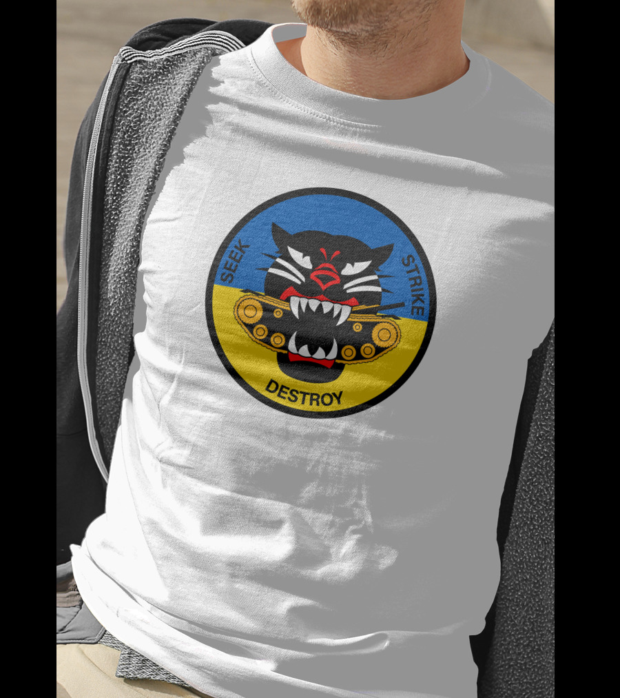 Seek Strike Destroy Panther Emblem With Tank Tracks T-Shirt