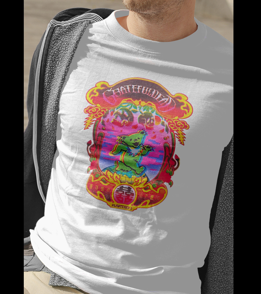 Grateful Dead X Plastered Psychedelic Bear Design With Skulls And Lightning T-Shirt