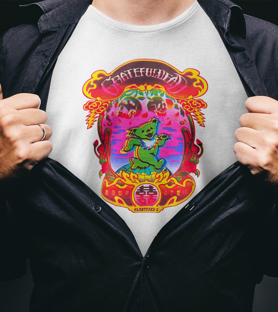 Grateful Dead X Plastered Psychedelic Bear Design With Skulls And Lightning T-Shirt