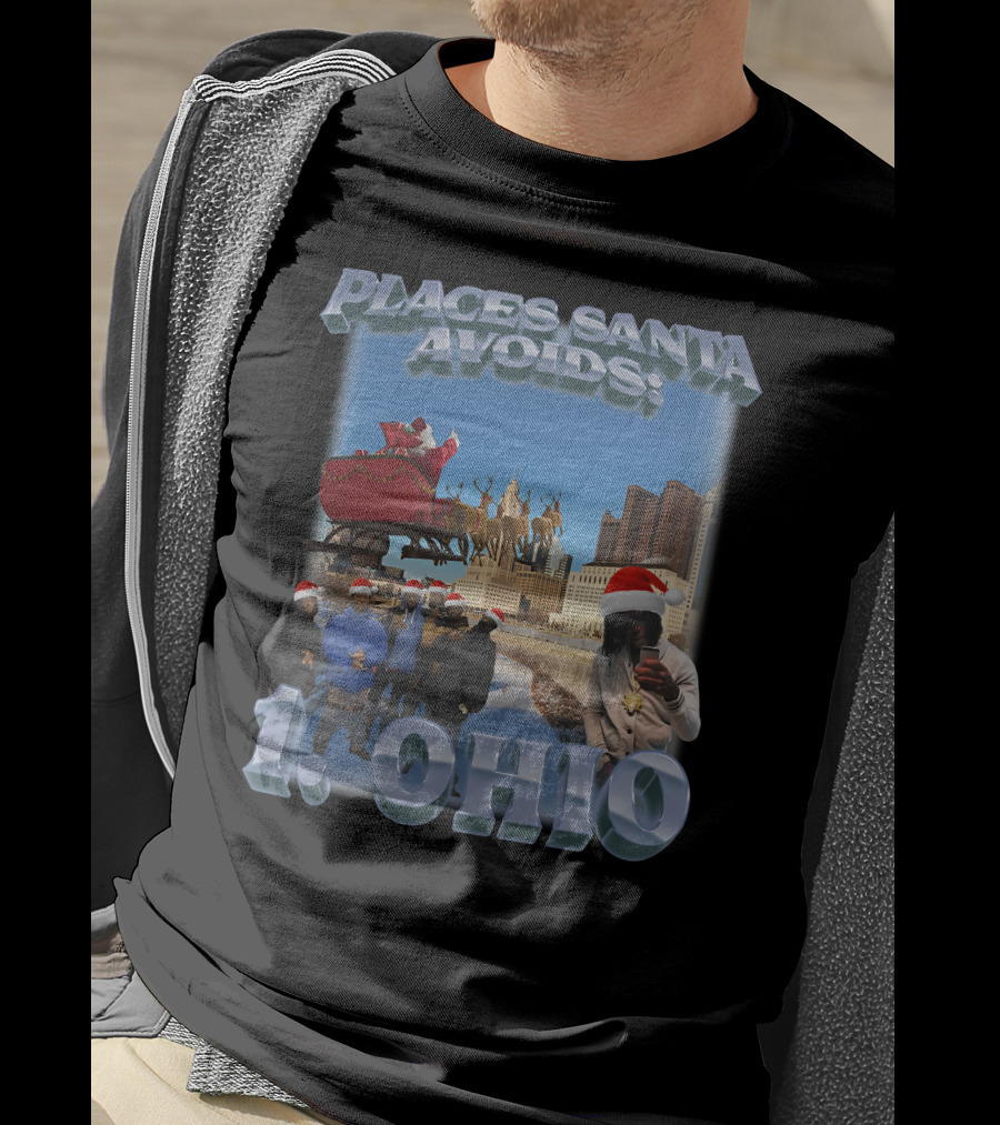 Places Santa Avoids 1 Ohio Santa's Sleigh Reindeer Columbus Skyline T-Shirt