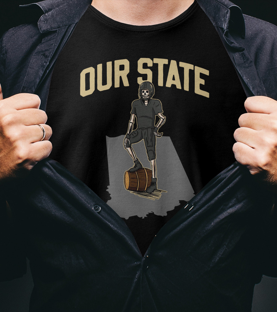 Our State Barstool Boilers Skeleton On Barrel Indiana Shadow T-Shirt