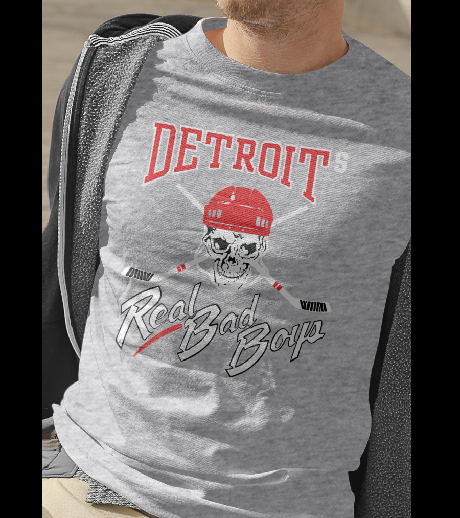 Detroit Real Bad Boys Skull With Hockey Helmet And Crossed Sticks T-Shirt