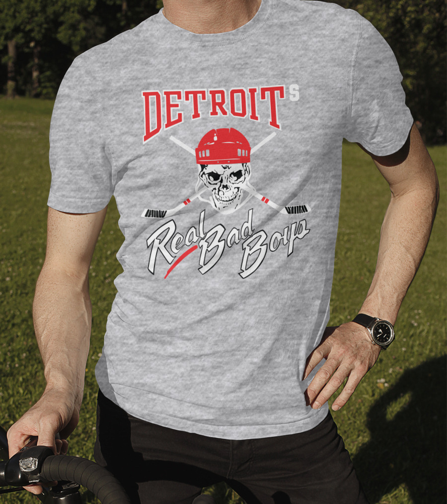 Detroit Real Bad Boys Skull With Hockey Helmet And Crossed Sticks T-Shirt