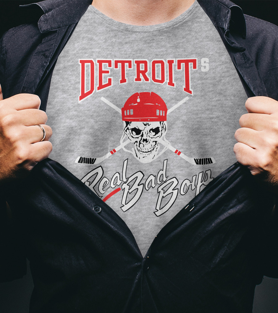 Detroit Real Bad Boys Skull With Hockey Helmet And Crossed Sticks T-Shirt