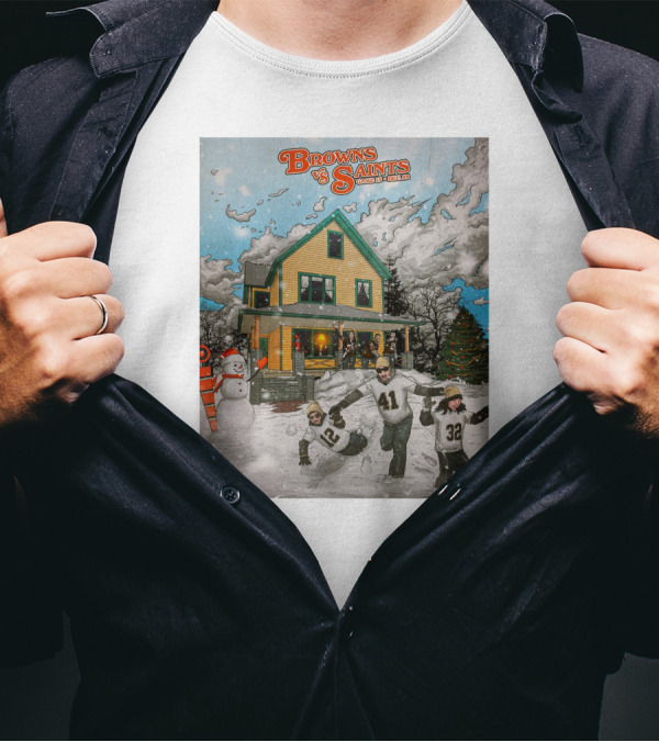 Browns Vs Saints Game 15 Dec 24 Christmas Snowball Fight Scene T-Shirt