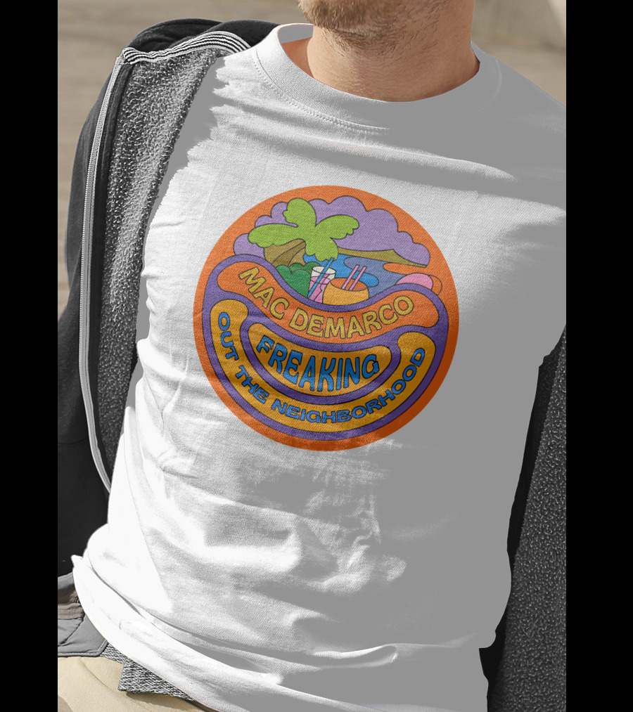 Mac Demarco Freaking Out The Neighborhood Colorful Retro Design With Beach And Palm Tree Elements T-Shirt
