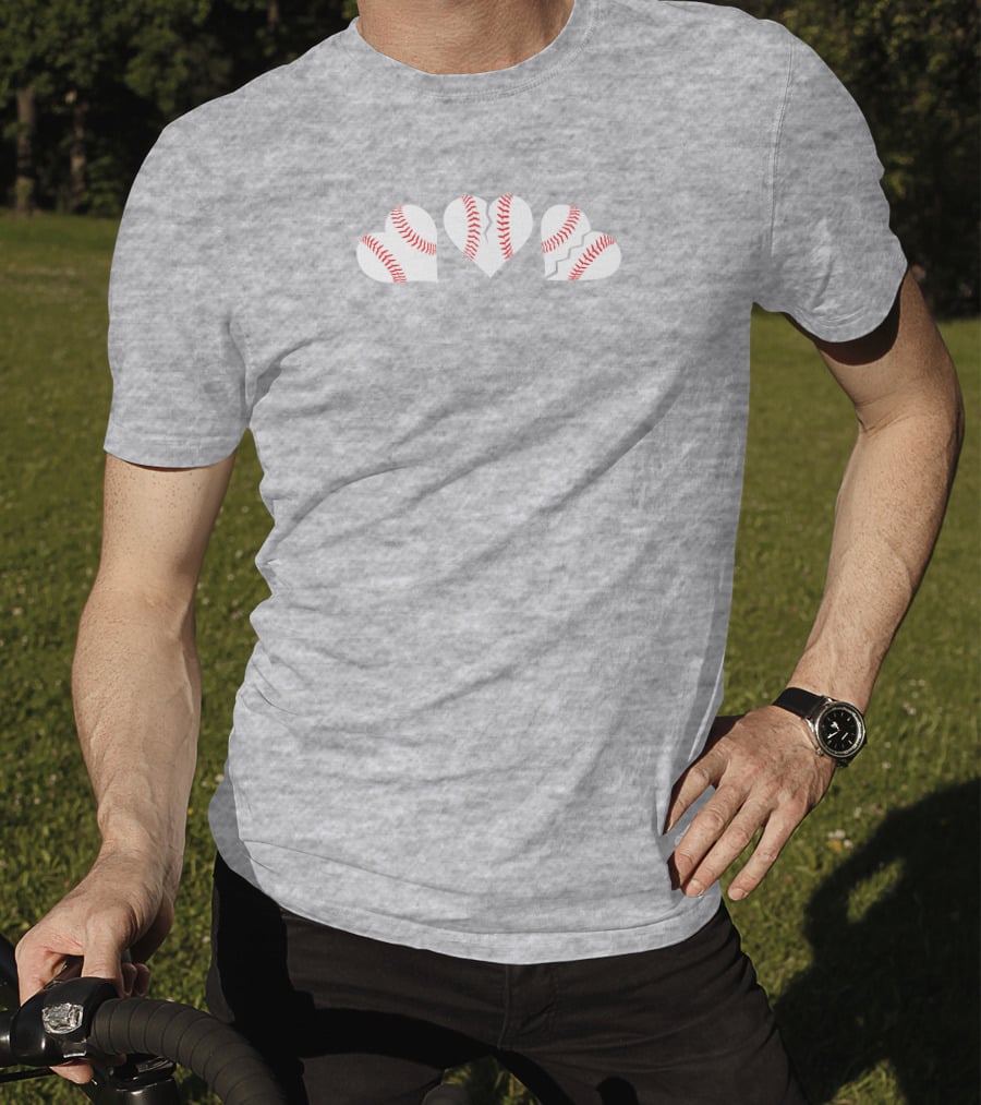 The Three Baseball Hearts Pattern Red Stitching T-Shirt