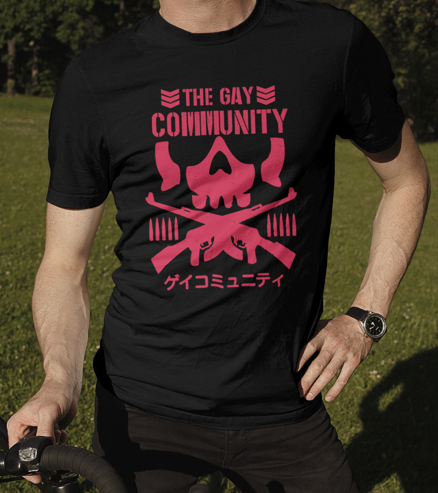 The Gay Community Japanese Text Skull And Crossed Rifles T-Shirt