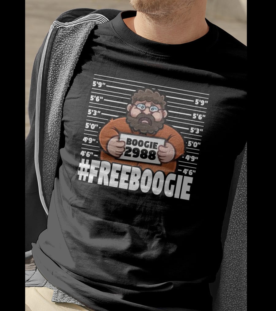 Boogie2988 Mugshot Cartoon With #Freeboogie Text And Height Chart T-Shirt