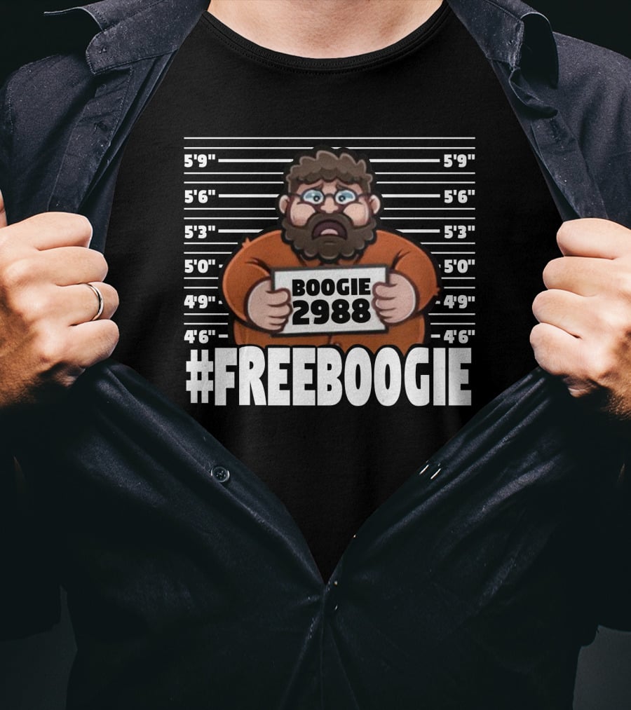 Boogie2988 Mugshot Cartoon With #Freeboogie Text And Height Chart T-Shirt