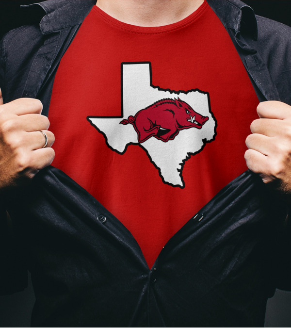 Arkansas Razorbacks Strong Hog Over Texas Map T-Shirt