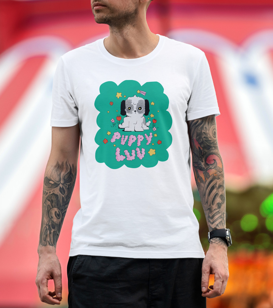 Puppy Luv Chloe Moriondo Cute Cartoon Dog with Stars and Flowers T-Shirt