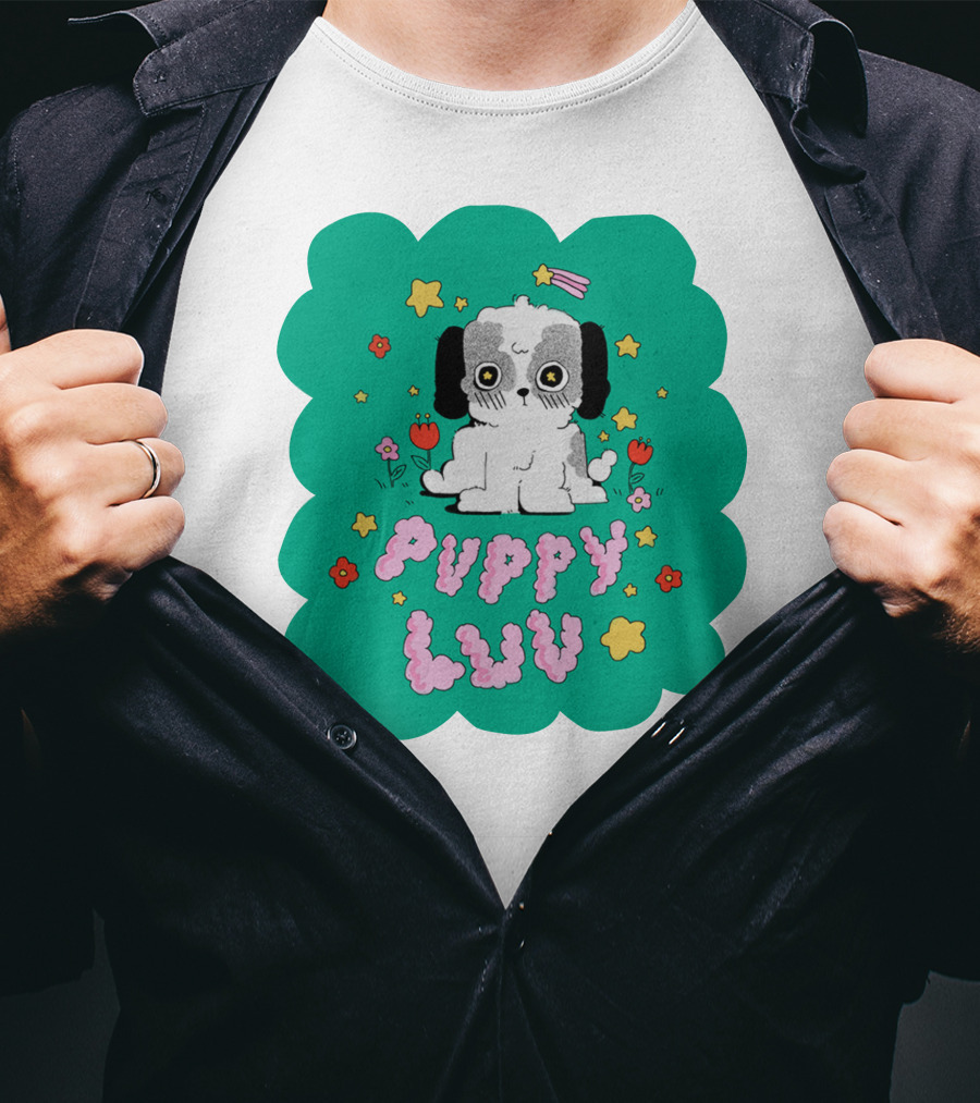 Puppy Luv Chloe Moriondo Cute Cartoon Dog With Stars And Flowers T-Shirt