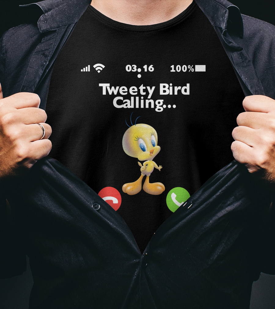 Tweety Bird Calling Incoming Call Icon 100 Percent Battery WiFi Time 03 16 T-Shirt
