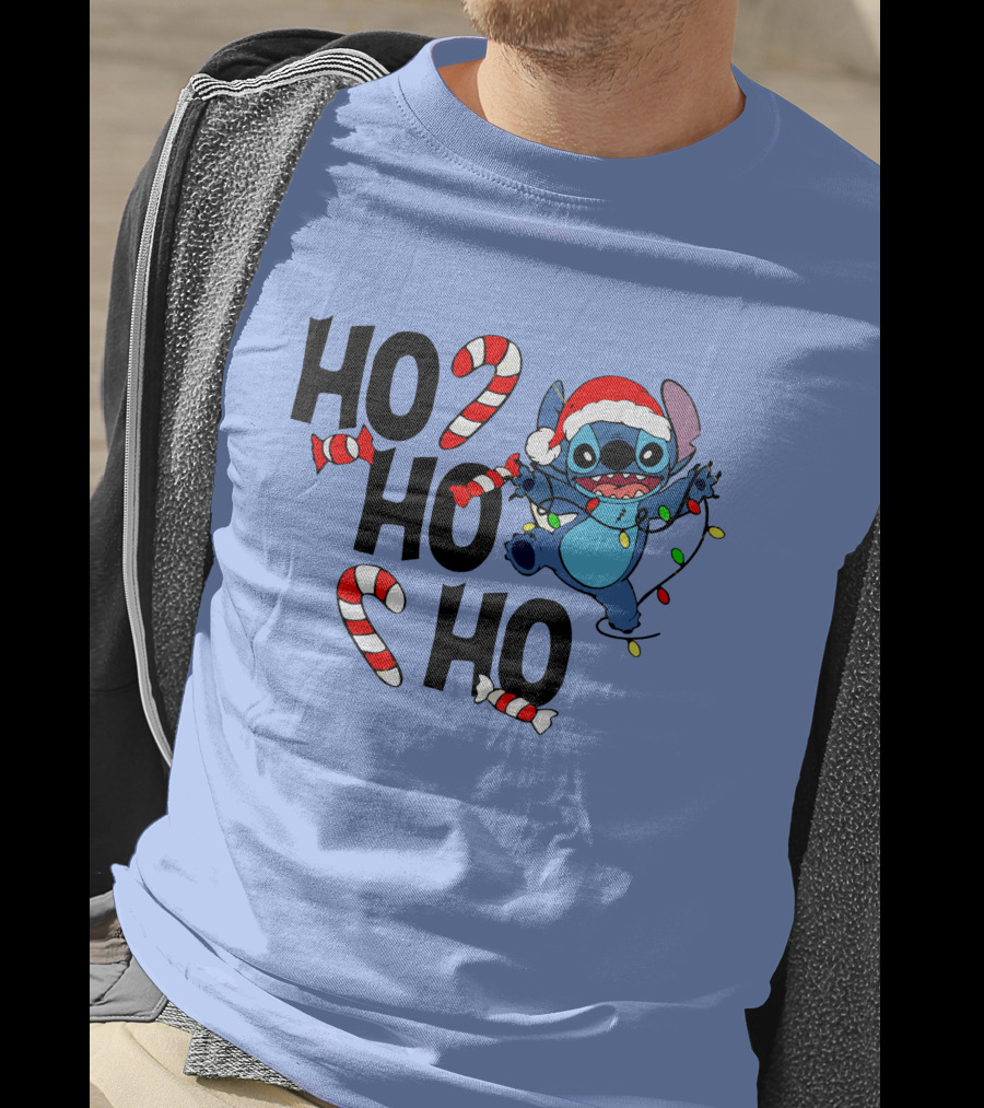 Stitch Ho Ho Ho Christmas Lights And Candy Canes T-Shirt