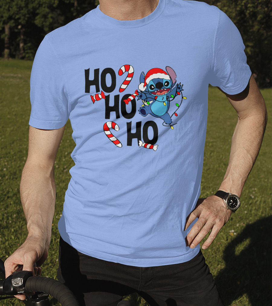 Stitch Ho Ho Ho Christmas Lights And Candy Canes T-Shirt